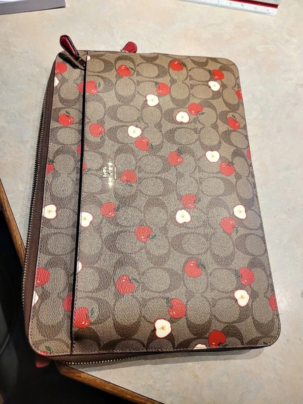 Coach Apple Print Zip Clutch in Brown & Red